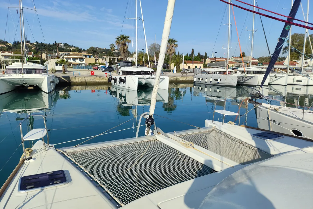 Deck of Whooper, a Lagoon 380 catamaran at Castelló d'Empúries, Spain