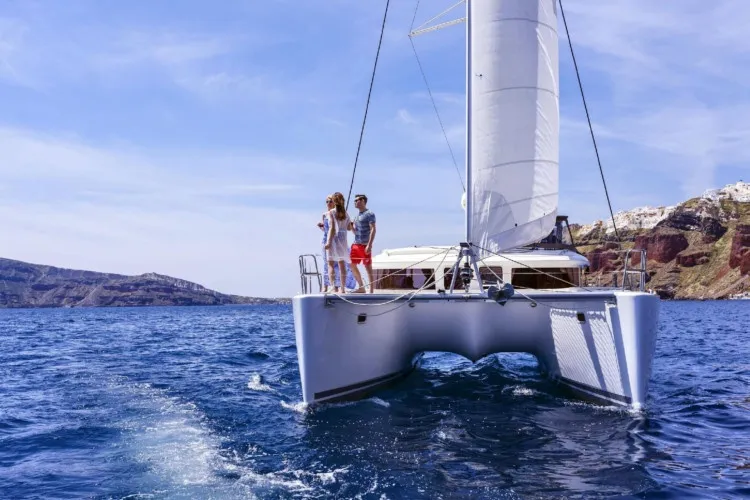 Exterior view of Whooper, a Lagoon 380 catamaran at Castelló d'Empúries, Spain