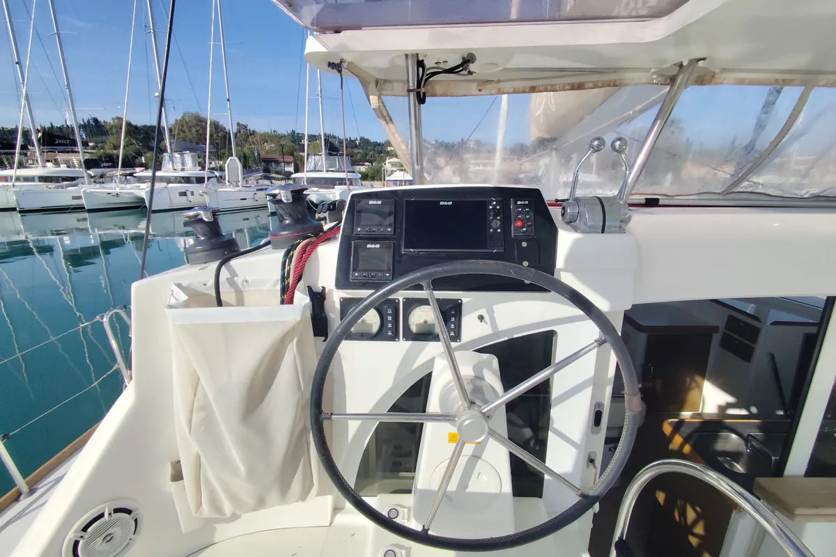 Cockpit of Whooper, a Lagoon 380 catamaran at Castelló d'Empúries, Spain