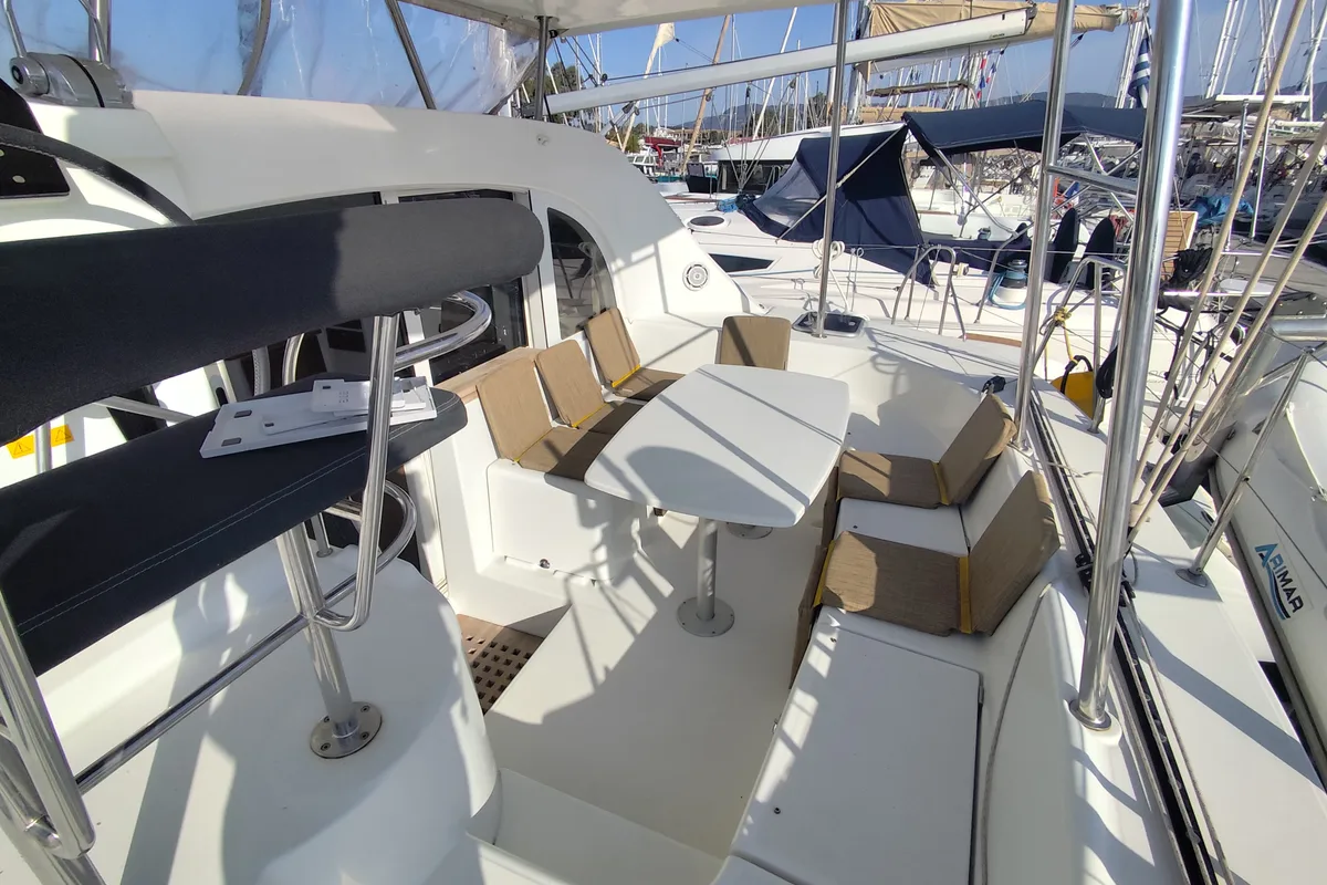 Deck of Whooper, a Lagoon 380 catamaran at Castelló d'Empúries, Spain