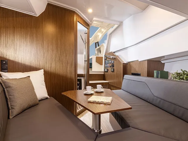 Salon of Nix Tun, a Bavaria Vida 33 HT motorboat at Figari/Golfo Aranci, Italy