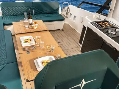 Deck of Nix Tun, a Bavaria Vida 33 HT motorboat at Figari/Golfo Aranci, Italy