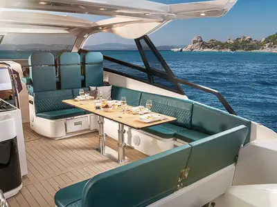Deck of Nix Tun, a Bavaria Vida 33 HT motorboat at Figari/Golfo Aranci, Italy