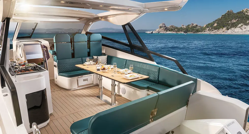 Deck of Nix Tun, a Bavaria Vida 33 HT motorboat at Figari/Golfo Aranci, Italy
