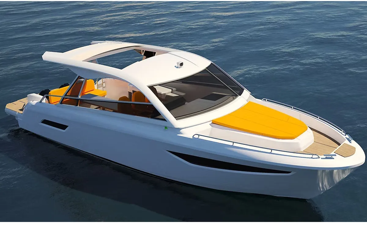 Exterior view of Nix Tun, a Bavaria Vida 33 HT motorboat at Figari/Golfo Aranci, Italy