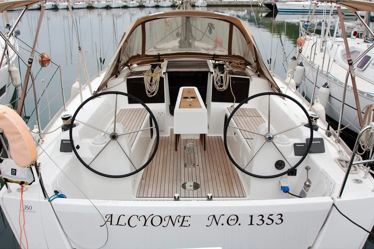 Cockpit of Alcyone, a Dufour 350 GL sailboat at Sithonia Municipal Unit, Greece