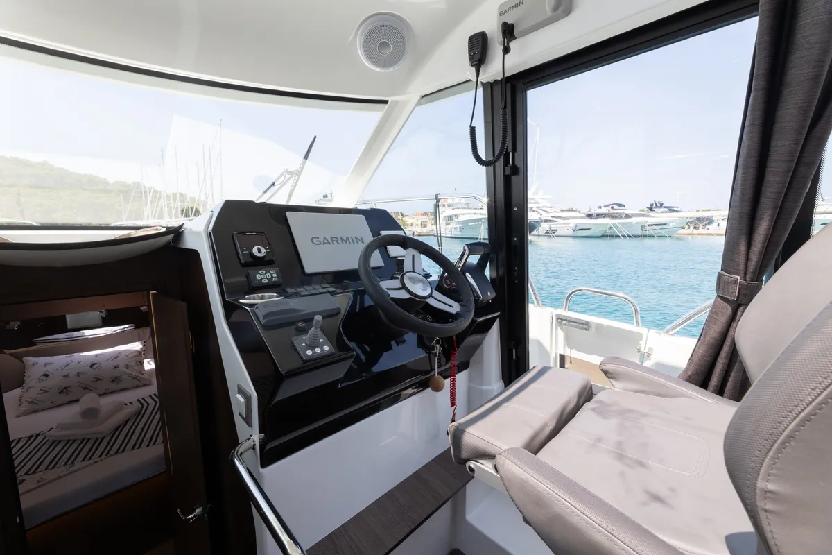 Cockpit of FALCON, a Beneteau Antares 11 OB motorboat at Općina Rogoznica, Croatia