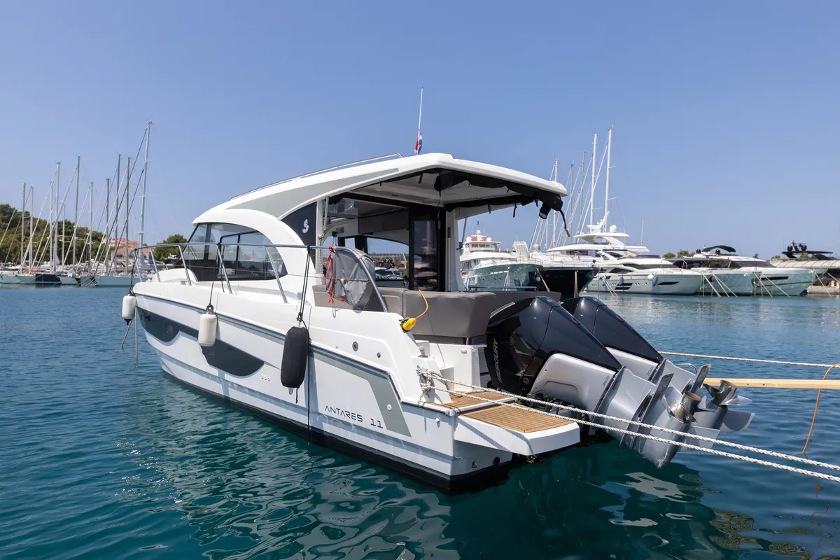 Exterior view of FALCON, a Beneteau Antares 11 OB motorboat at Općina Rogoznica, Croatia