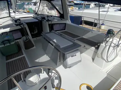 Cockpit of Marty J, a Beneteau Oceanis 48 sailboat at Road Town, British Virgin Islands