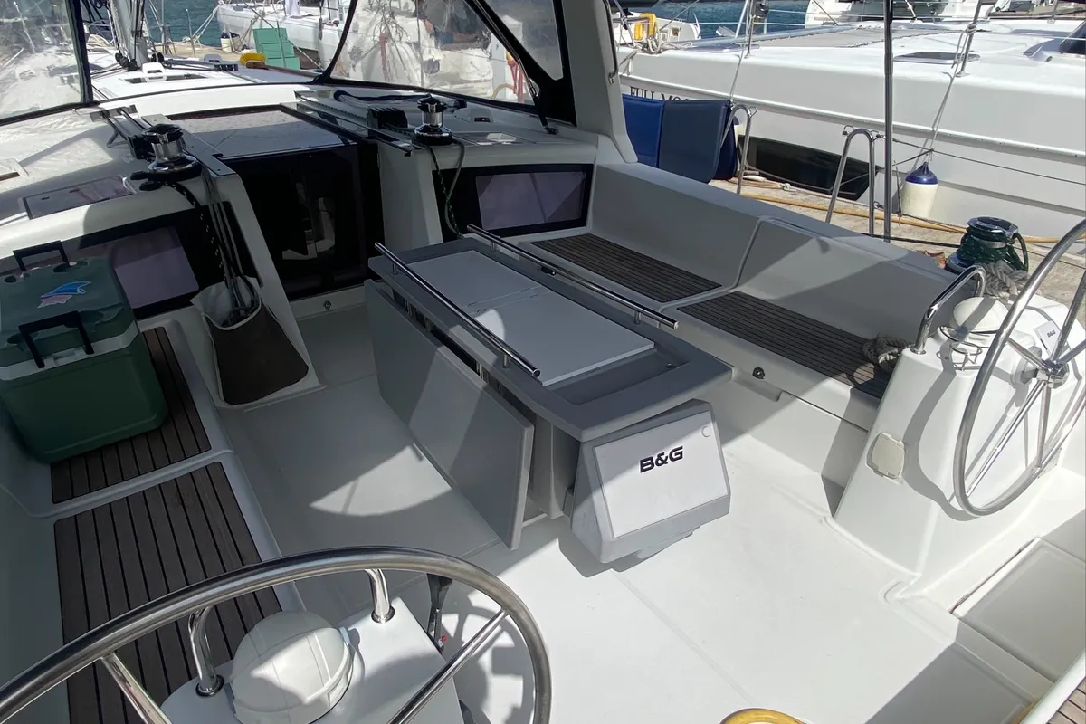 Cockpit of Marty J, a Beneteau Oceanis 48 sailboat at Road Town, British Virgin Islands