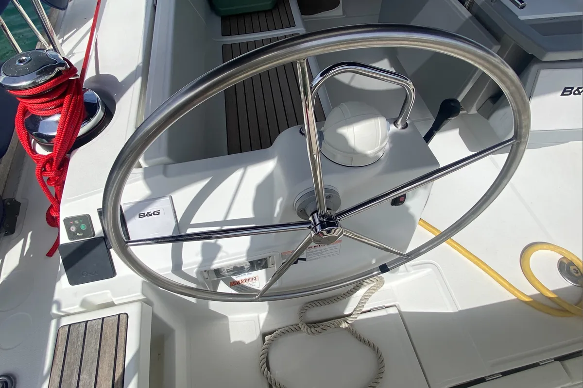 Cockpit of Marty J, a Beneteau Oceanis 48 sailboat at Road Town, British Virgin Islands