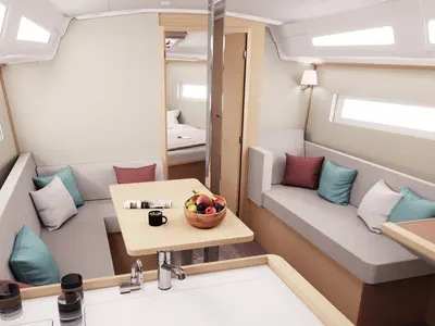 Salon of Sunsail 38.0 Premium, a Jeanneau Sun Odyssey 380 sailboat at Municipal Unit of Lefkada, Greece