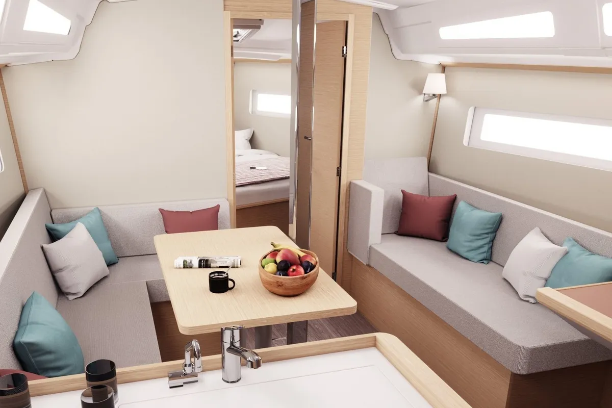 Salon of Sunsail 38.0 Premium, a Jeanneau Sun Odyssey 380 sailboat at Municipal Unit of Lefkada, Greece
