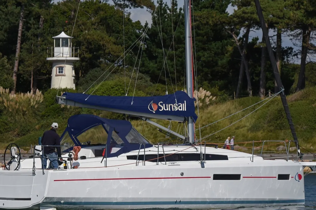 Exterior view of Sunsail 38.0 Premium, a Jeanneau Sun Odyssey 380 sailboat at Municipal Unit of Lefkada, Greece