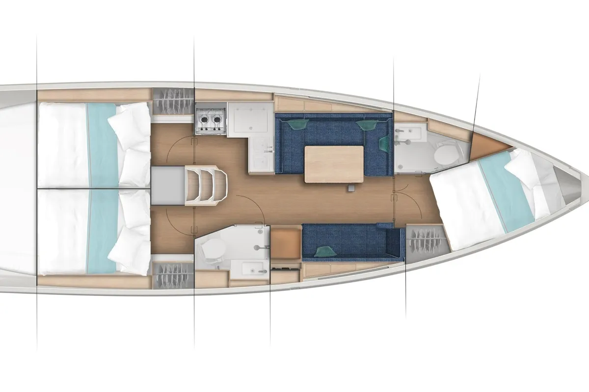 Floor plan of Sunsail 38.0 Premium, a Jeanneau Sun Odyssey 380 sailboat at Municipal Unit of Lefkada, Greece