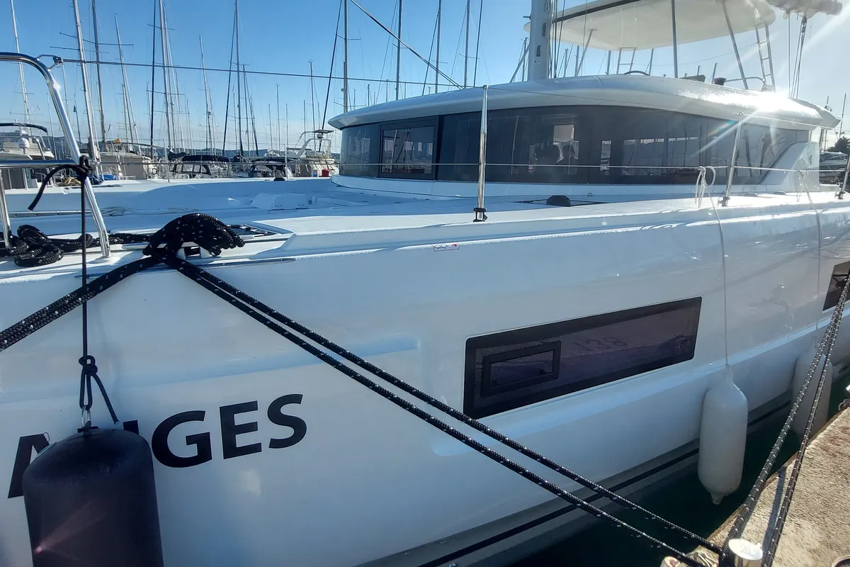 Exterior view of Changes, a Lagoon 46 catamaran at Dubrovnik, Croatia