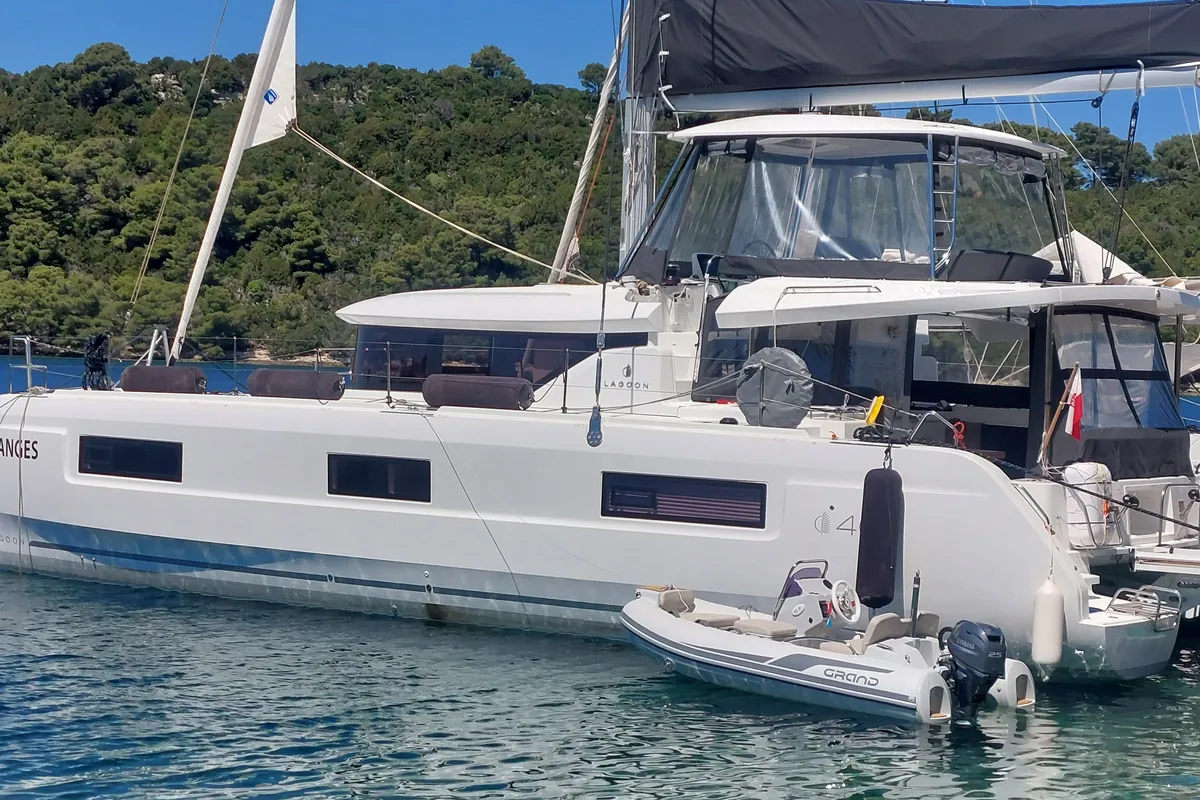 Exterior view of Changes, a Lagoon 46 catamaran at Dubrovnik, Croatia