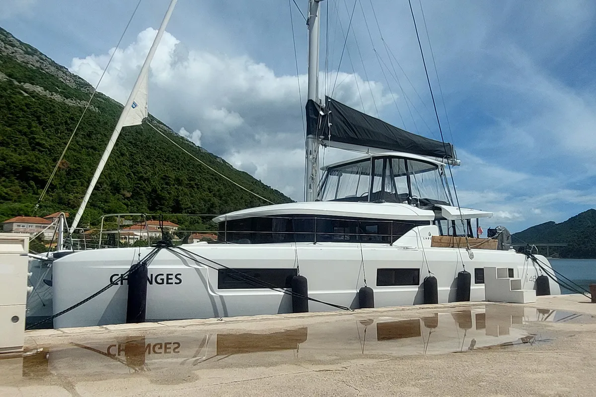 Exterior view of Changes, a Lagoon 46 catamaran at Dubrovnik, Croatia