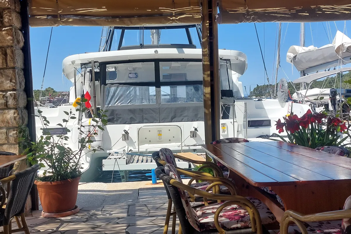 Exterior view of Changes, a Lagoon 46 catamaran at Dubrovnik, Croatia