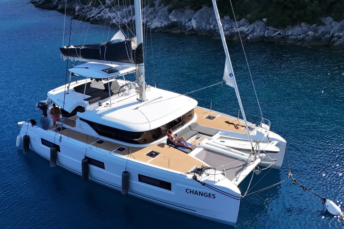 Exterior view of Changes, a Lagoon 46 catamaran at Dubrovnik, Croatia