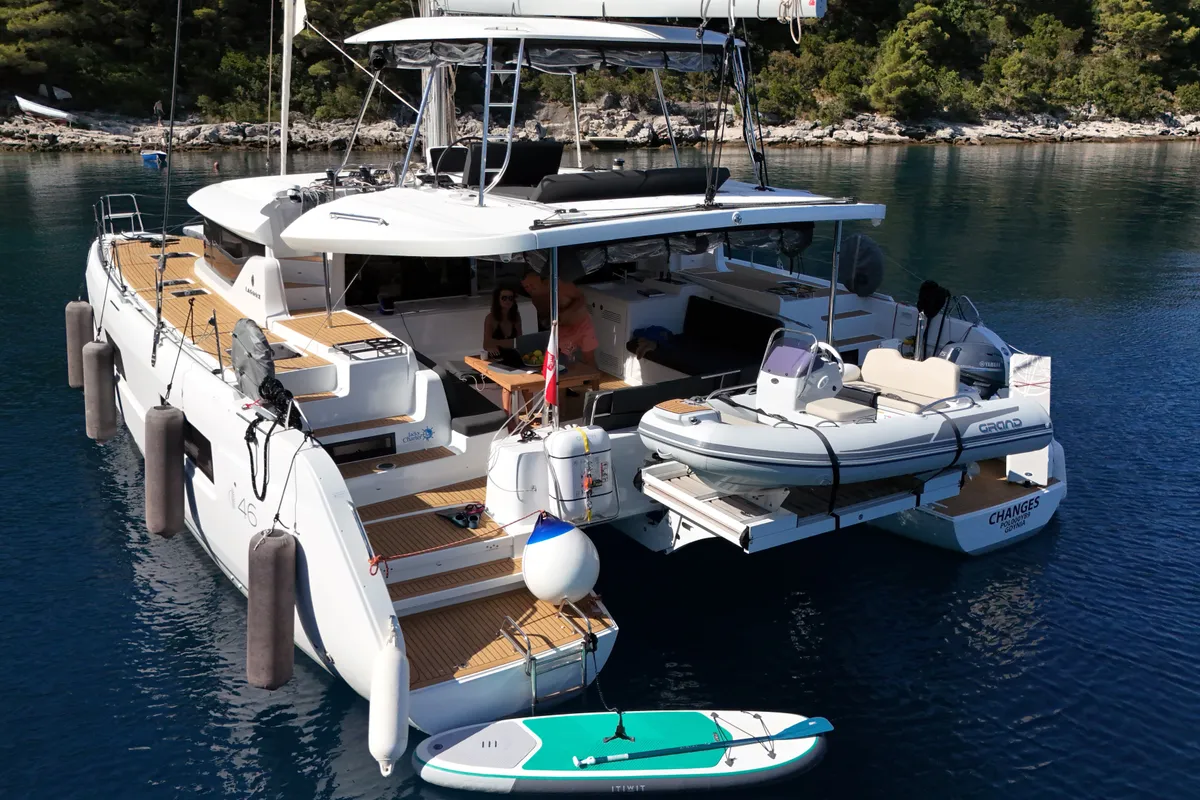 Exterior view of Changes, a Lagoon 46 catamaran at Dubrovnik, Croatia
