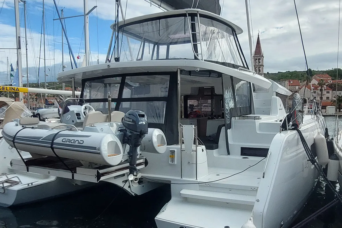 Exterior view of Changes, a Lagoon 46 catamaran at Dubrovnik, Croatia