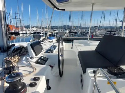 Cockpit of Changes, a Lagoon 46 catamaran at Dubrovnik, Croatia