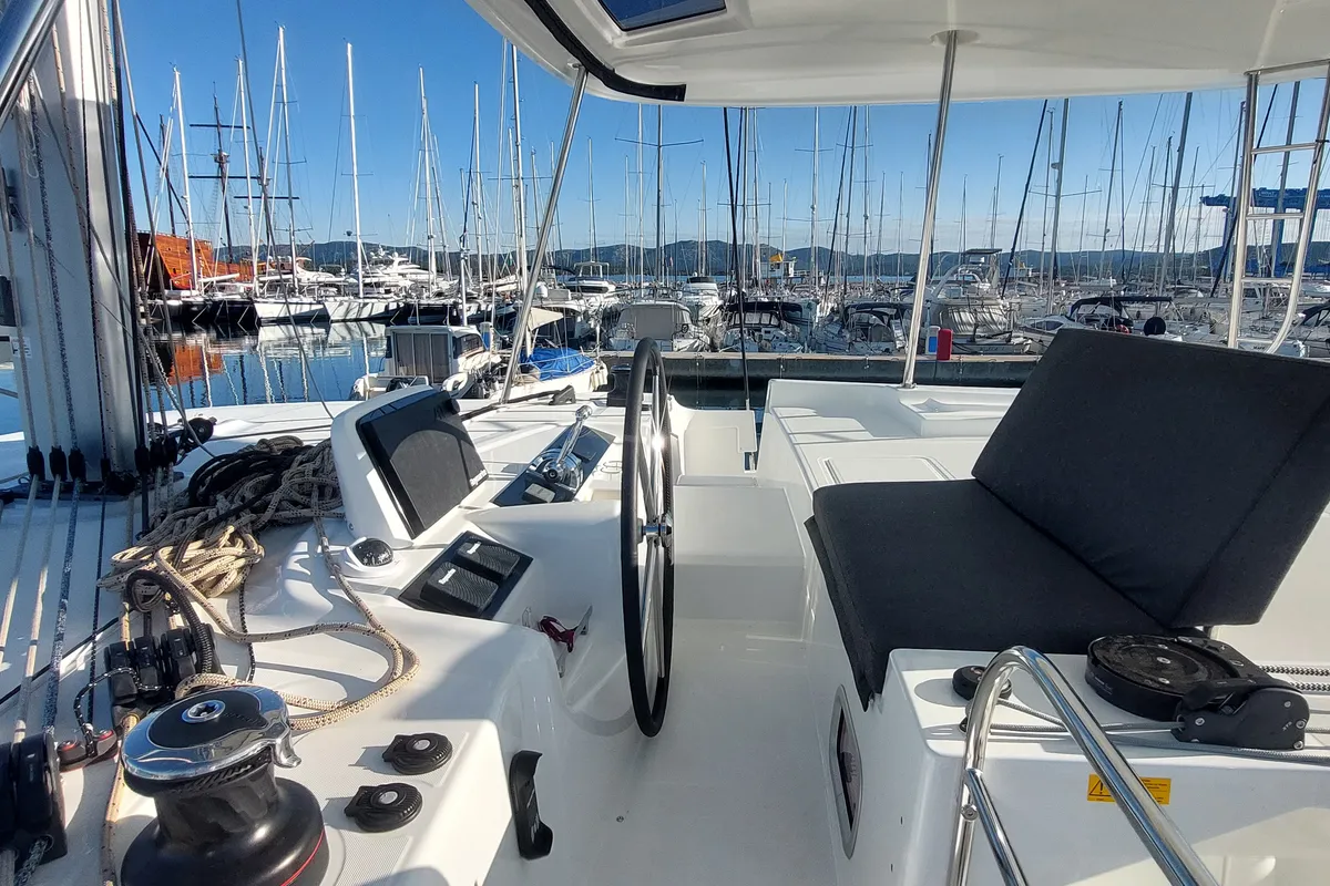 Cockpit of Changes, a Lagoon 46 catamaran at Dubrovnik, Croatia