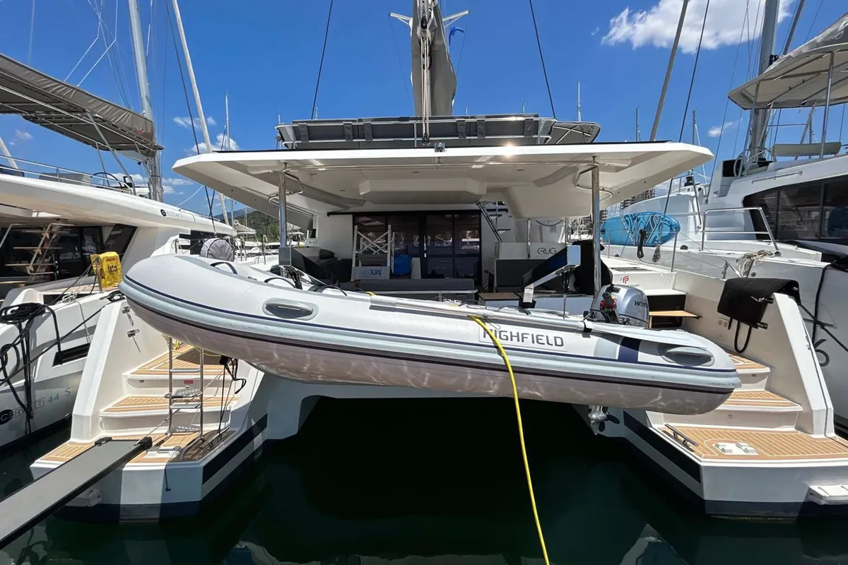 Exterior view of Krug, a Fountaine Pajot Elba 45 catamaran at Salerno, Italy