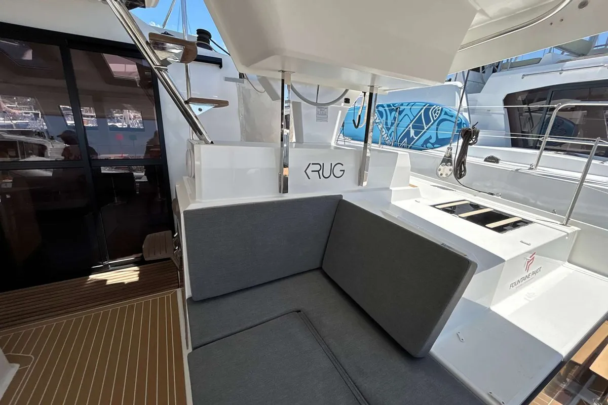 Deck of Krug, a Fountaine Pajot Elba 45 catamaran at Salerno, Italy