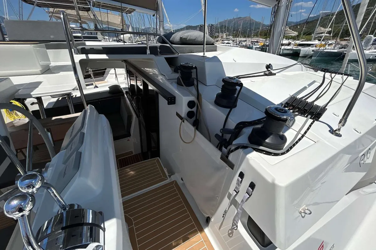 Deck of Krug, a Fountaine Pajot Elba 45 catamaran at Salerno, Italy