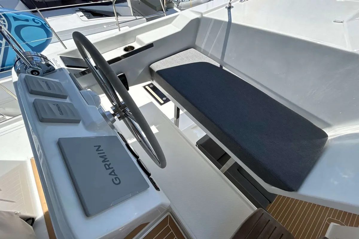 Deck of Krug, a Fountaine Pajot Elba 45 catamaran at Salerno, Italy