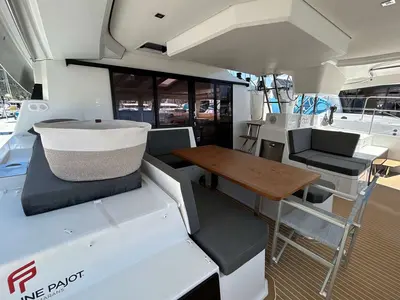 Deck of Krug, a Fountaine Pajot Elba 45 catamaran at Salerno, Italy