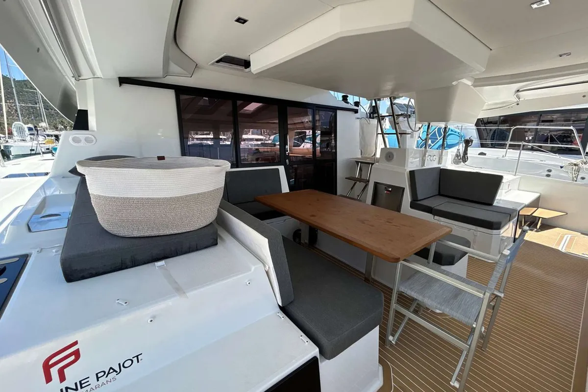 Deck of Krug, a Fountaine Pajot Elba 45 catamaran at Salerno, Italy
