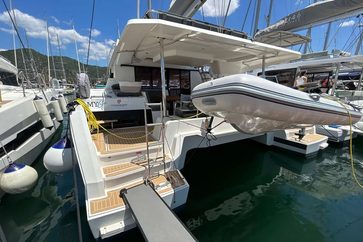 Exterior view of Krug, a Fountaine Pajot Elba 45 catamaran at Salerno, Italy