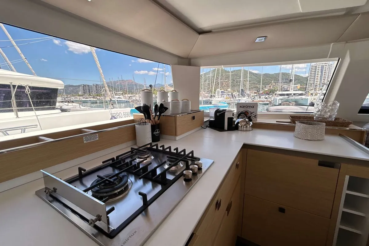 Cabin on Krug, a Fountaine Pajot Elba 45 catamaran at Salerno, Italy