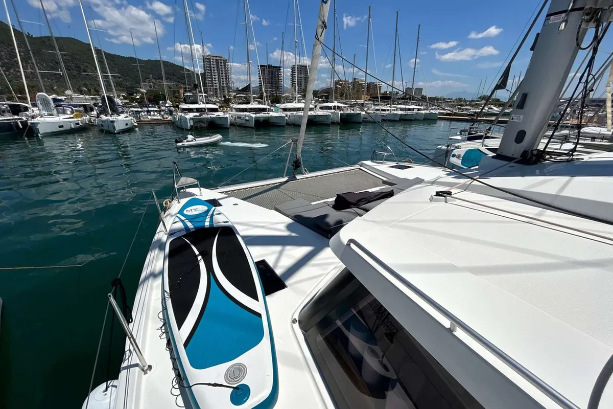 Salon of Krug, a Fountaine Pajot Elba 45 catamaran at Salerno, Italy