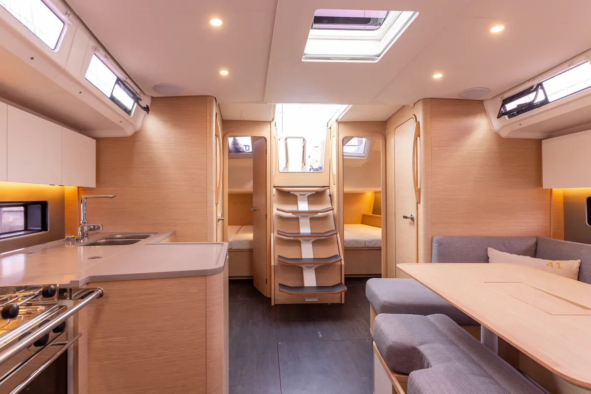 Salon of Sunsail 41.3 Premium Plus, a Dufour 41 sailboat at Municipal Unit of Lefkada, Greece