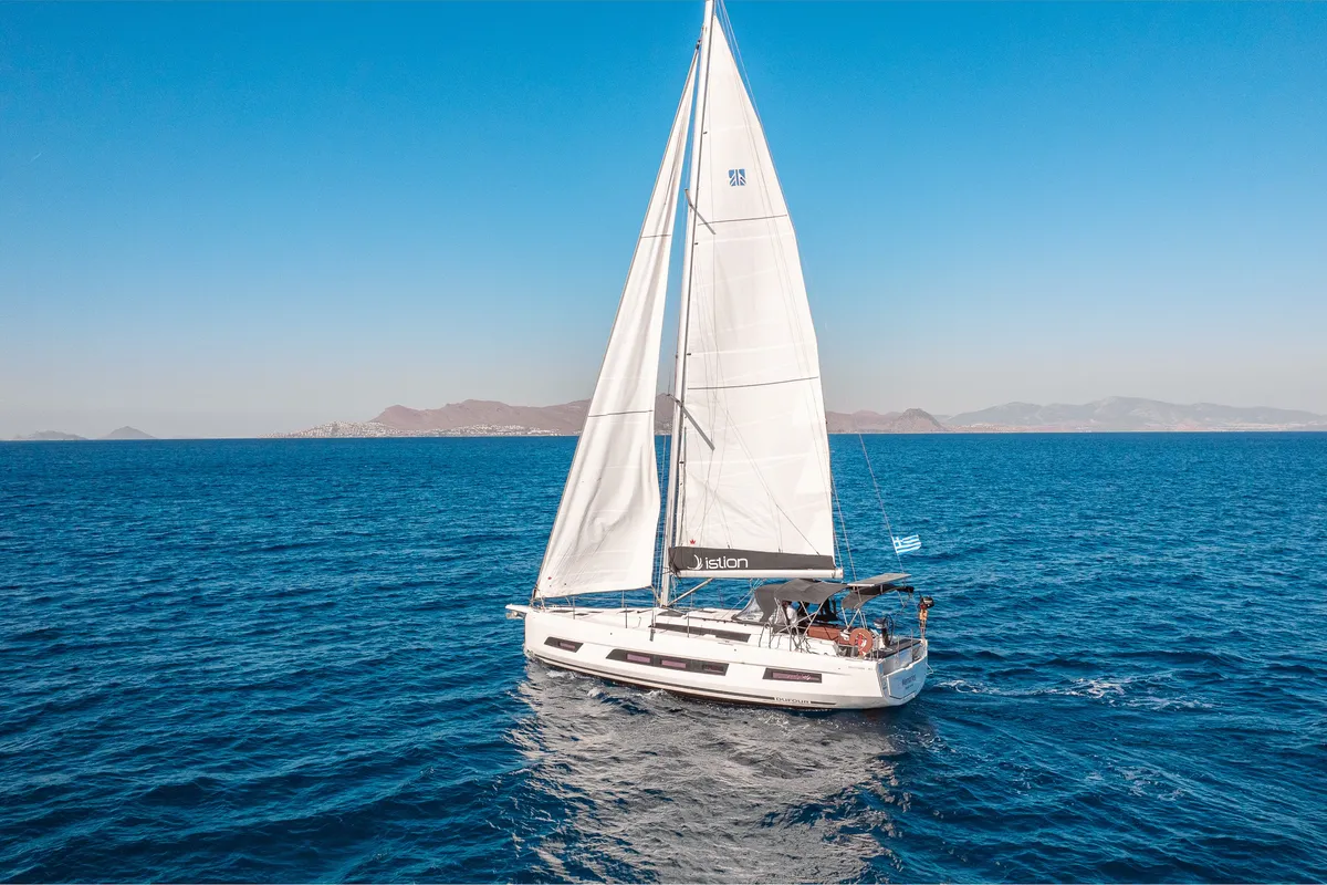 Exterior view of One Heart, a Dufour 44 sailboat at Preveza, Greece