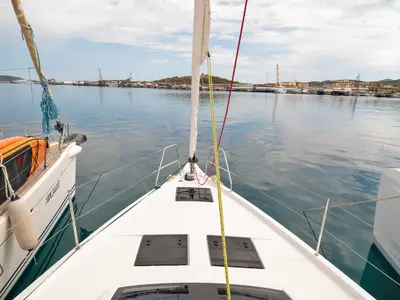 Deck of One Heart, a Dufour 44 sailboat at Preveza, Greece