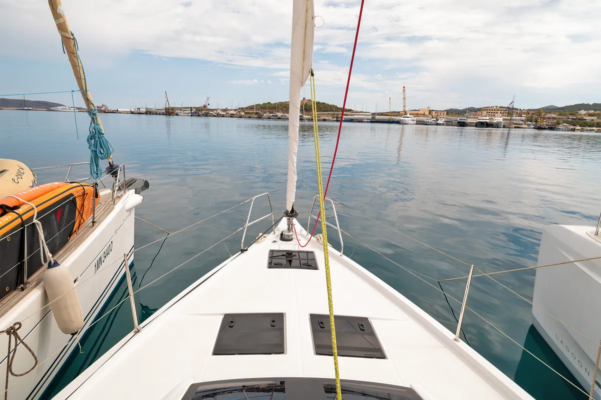 Deck of One Heart, a Dufour 44 sailboat at Preveza, Greece