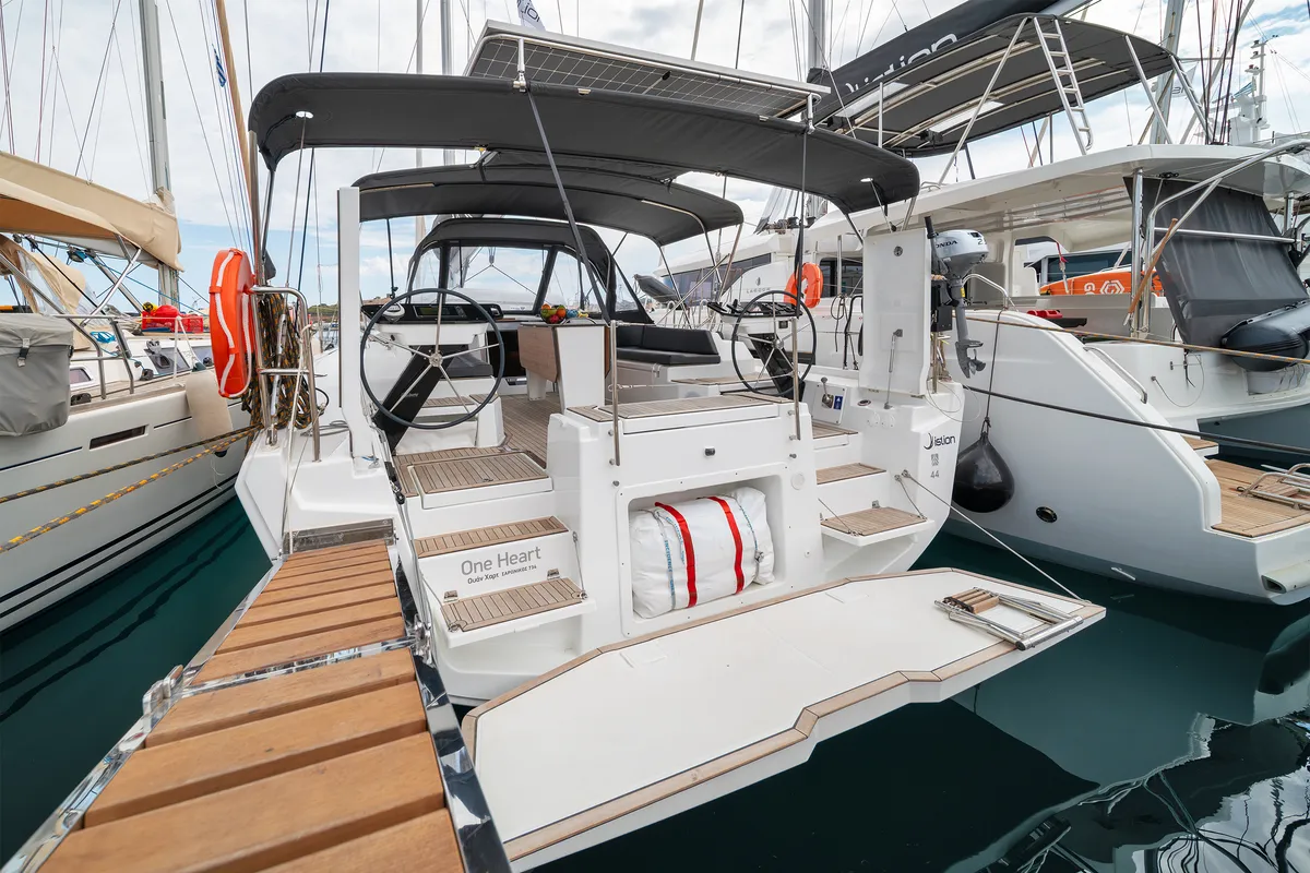 Exterior view of One Heart, a Dufour 44 sailboat at Preveza, Greece