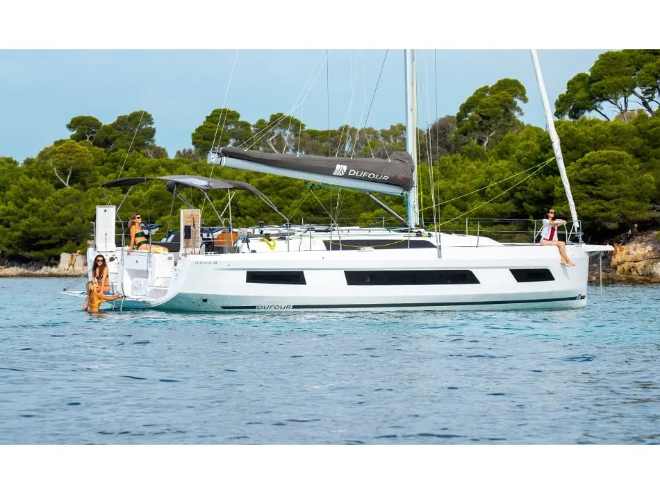 Exterior view of One Heart, a Dufour 44 sailboat at Preveza, Greece