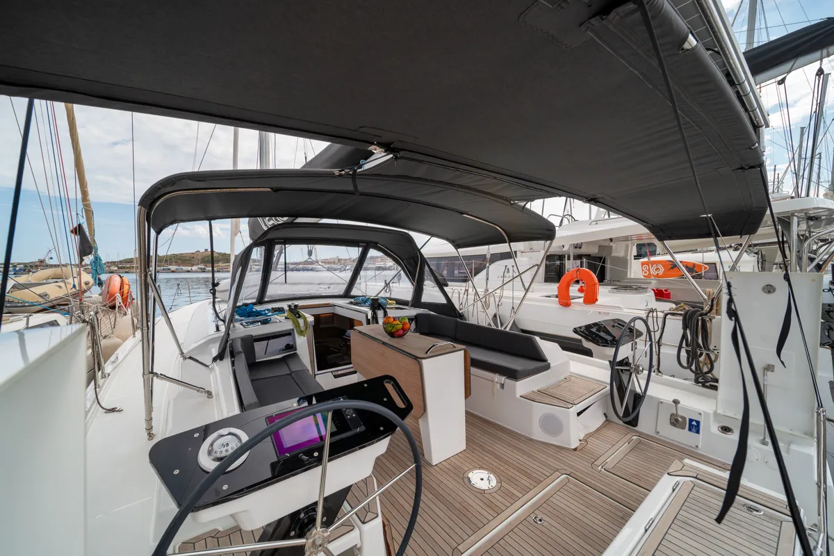 Cockpit of One Heart, a Dufour 44 sailboat at Preveza, Greece