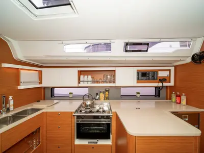 Galley of One Heart, a Dufour 44 sailboat at Preveza, Greece