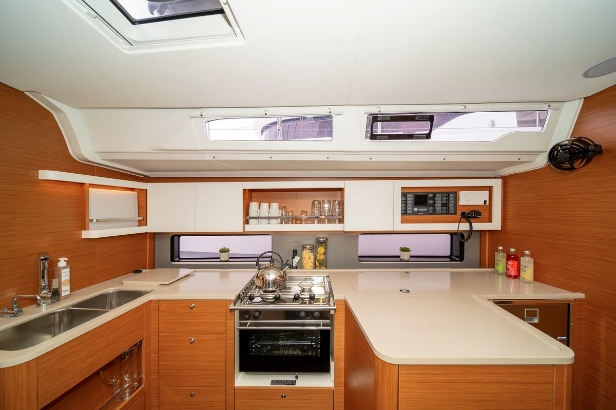 Galley of One Heart, a Dufour 44 sailboat at Preveza, Greece