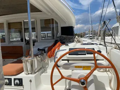 Cockpit of Spearhead, a Excess 12 catamaran at Municipality of Kalamata, Greece