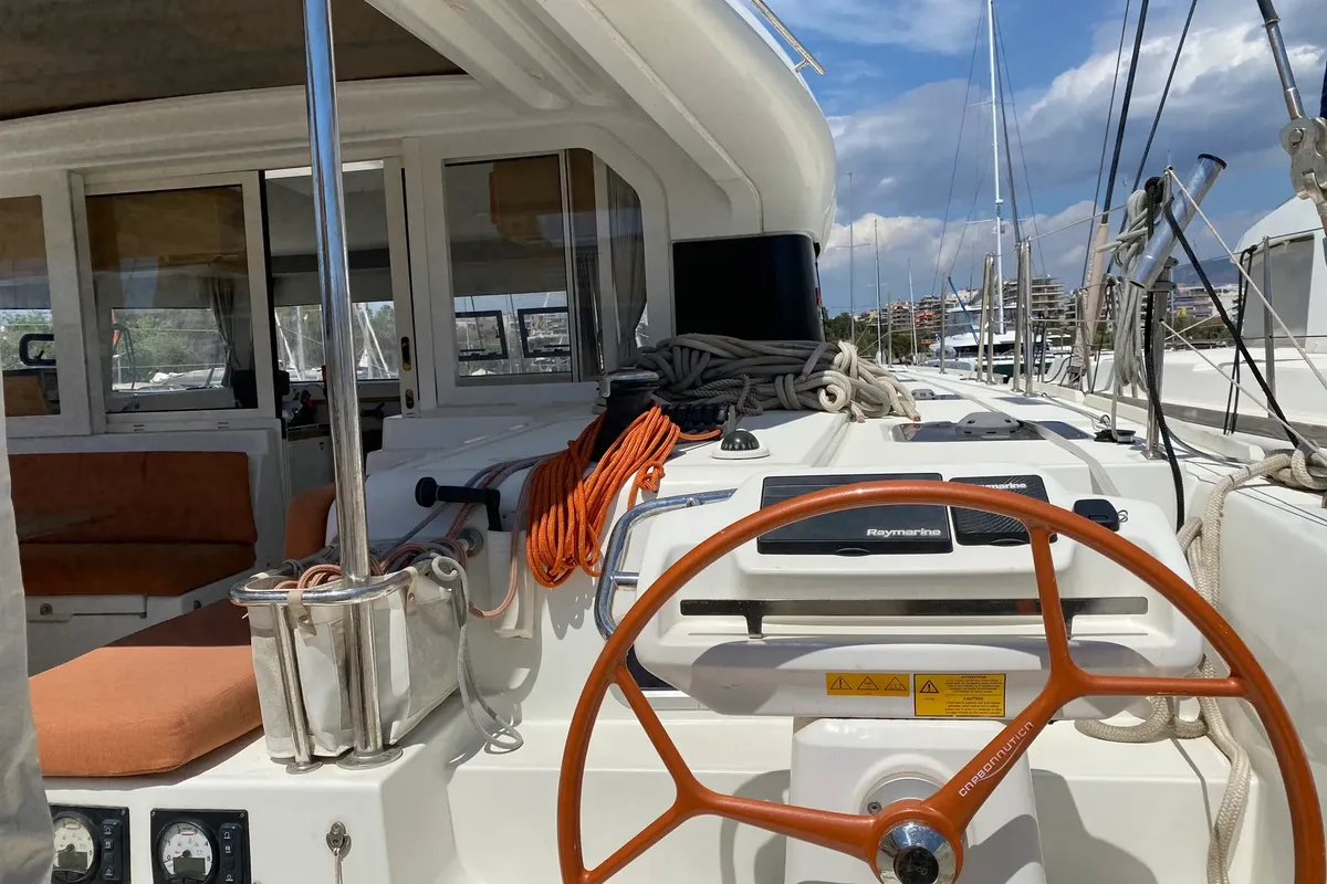 Cockpit of Spearhead, a Excess 12 catamaran at Municipality of Kalamata, Greece