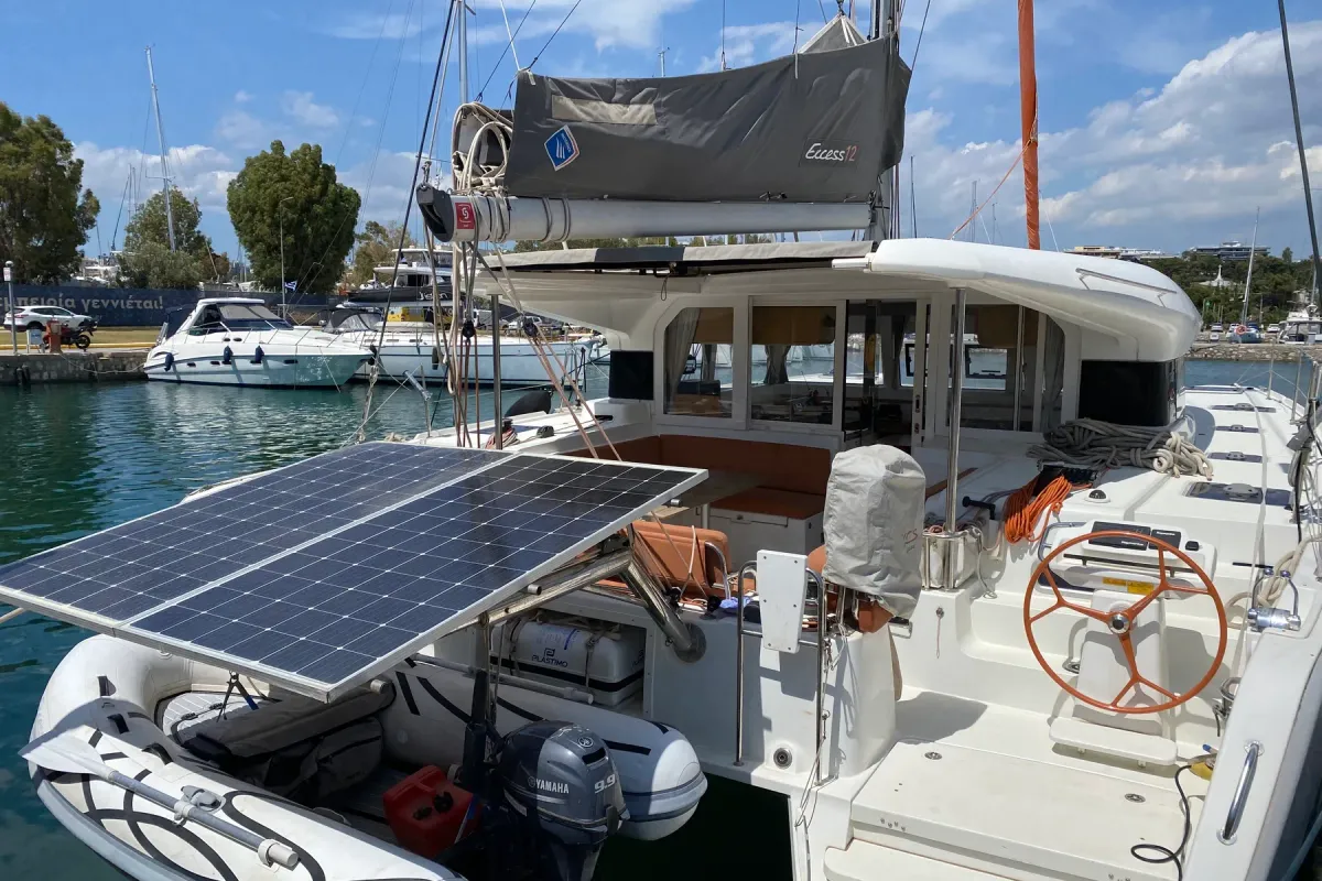 Cockpit of Spearhead, a Excess 12 catamaran at Municipality of Kalamata, Greece