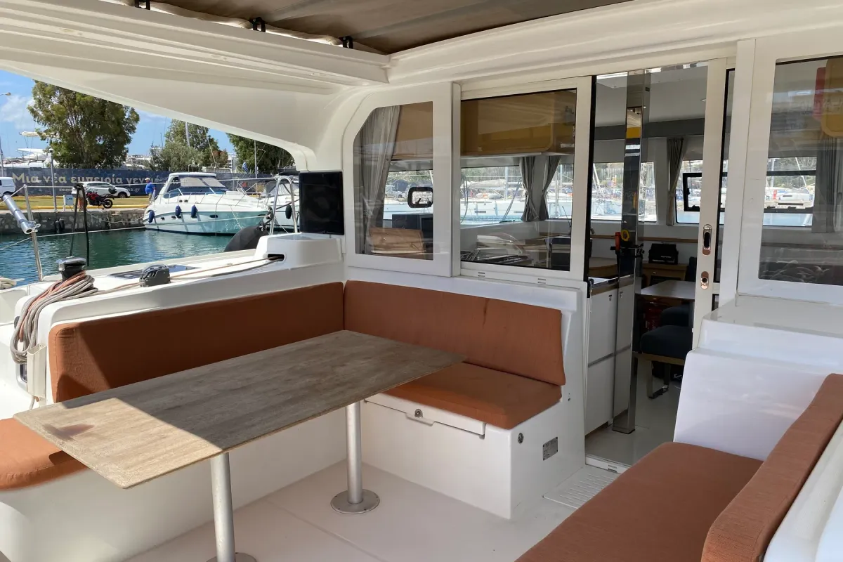 Deck of Spearhead, a Excess 12 catamaran at Municipality of Kalamata, Greece